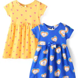 Babyhug Single Jersey Knit Half Sleeves Frocks With Hearts Print & Bow Applique Pack Of 2 - Blue & Yellow-picture-19