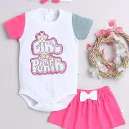 BUMZEE Cotton Woven Half Sleeves Onesie & Skirt Set With Headband & Girl Power Text Print with Bow Applique- Pink & White image 1