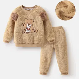 Mark & Mia Full Sleeves Winter Wear Fur Sweatshirt & Lounge Pant Set with Bear Patch Detailing - Beige-picture-26