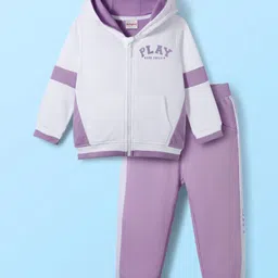 Babyhug Terry Knit Full Sleeves Hooded Cut & Sew T-Shirt & Lounge Pant Set with Text Graphic - Purple & White-picture-10