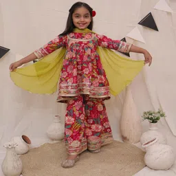 Ka-mee Cotton Woven Three Fourth Sleeves Floral Printed Gota Lace Embellished Kurti & Sharara With Dupatta Set - Red image 1