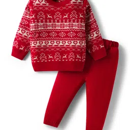 Babyhug Knitted Full Sleeves Sweater Set With Floral & Animal Design - Red-picture-10