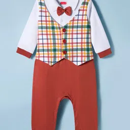 Babyhug Interlock Knit Full Sleeves Party Romper With Attached Checks Waistcoat & Bow Applique - Multicolor-picture-16