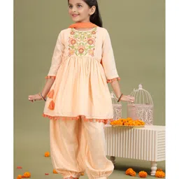MASTARANG Cotton Woven Three Fourth Sleeves Floral Embroidered Afghani Kurti & Salwar With Dupatta Set - Peach-picture-14