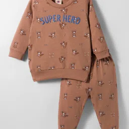 Zero Fleece Knit Full Sleeves Winter Wear Sweatshirt and Joggers Set with Teddy Print And Super Hero Text Print - Tan-picture-11