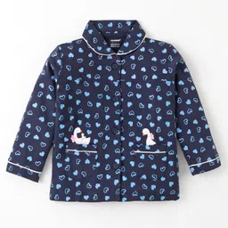 CUCUMBER Cotton Knit Full Sleeves Collar Neck Front Open Night Suit Heart Print- Navy image 2