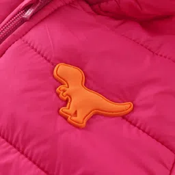 Babyhug Woven Full Sleeves Padded Hooded Jacket with Dino Applique - Fushsia image 3