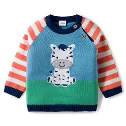 Babyhug Organic Cotton Knitted Full Raglan Sleeves Striped Sweater Set With Zebra Embroidery & Cap - Multicolor image 2