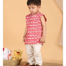 Polka Tots Cotton Sleeveless Swans Printed Jhabla & Pant Set - Pink image 4
