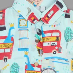 Actuel Modal Woven Half Puffed Sleeves Dinosaur In Bus Printed Top - Blue Red & Yellow image 4