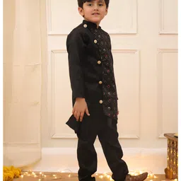 KID1 Woven Full Sleeves Floral Embroidered & Sequins Embellished Sherwani Kurta With Pyjama Set - Black image 4