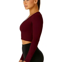 PUERY Women V-Neck Long Sleeves Cotton Fitted Crop Top image 2