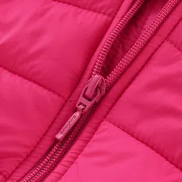 Babyhug Woven Full Sleeves Padded Hooded Jacket with Dino Applique - Fushsia image 4