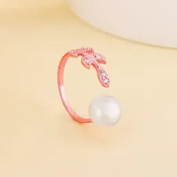 GIVA 92.5 Sterling Silver Rose Gold Leafy Pearl Adjustable Ring for Womens and Girls-image-84