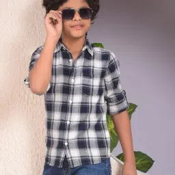 Crimsoune Club Boys Navy Cotton Slim Fit Chequered Shirt-picture-40