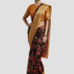 Saree Mall Black & Red Linen Floral Print Saree With Unstitched Blouse-image-98