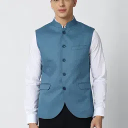 Peter England Blue Regular Fit Self Pattern Nehru Jacket-image-42