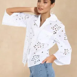 RAREISM White Cotton Solid Three-Quarter Sleeves Top-image-18