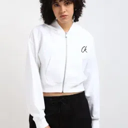 Calvin Klein Jeans Women Bright White Solid Hooded Full Sleeves Crop Zip Through Hoodie-picture-38