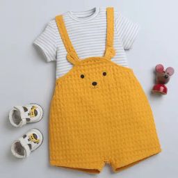 Nino Bambino Kids White & Mustard Striped T-Shirt with Dungaree-picture-25