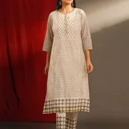 Jaypore White Block Printed Straight Fit Kurta image 3
