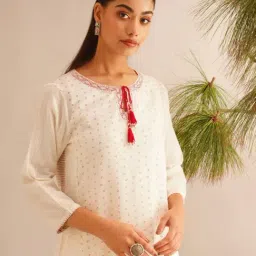 Jaypore White Kantha Flare Fit Kurta image 5