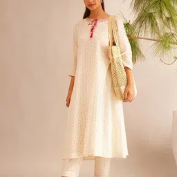 Jaypore White Kantha Flare Fit Kurta image 3