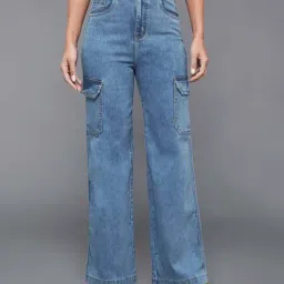 Miss Chase Blue Wide Leg High Rise Heavy Wash Regular Length Stretchable Cargo Denim Jeans-image-78