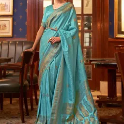 Satrani Turquoise Woven Saree With Unstitched Blouse-image-10