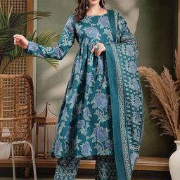 HERE&NOW Women Ethnic Motifs Printed Pleated Pure Cotton Kurta with Palazzos & Dupatta-picture-23