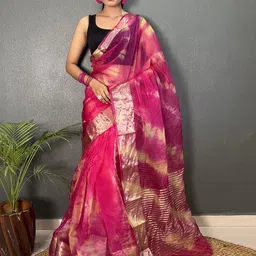 V3 FASHION STUDIO Tie and Dye Zari Organza Saree-picture-28
