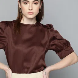 Chemistry Solid Puff Sleeves Satin Finish Top-image-52