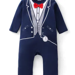 Babyhug 100 % Cotton Full Sleeves Party Suit Printed Romper with Bow - Navy Blue-picture-15