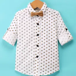 JASH KIDS Cotton Full Sleeves Printed Party Shirt with Bow - White-picture-14