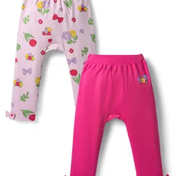 Babyoye 100% Cotton Interlock Knit Full Length Diaper Leggings With Floral Print & Bow Applique Pack Of 2 - Pink & Lavender-picture-27