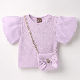 Little Kangaroos Knit Half Puffed Sleeves Solid Color Textured Top with Sling Bag - Lilac-picture-49