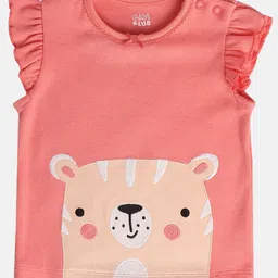 MINI KLUB Cotton Frill Sleeves Baby Animal Embroidered Top - Peach-picture-24