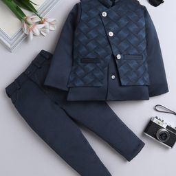 Fourfolds Full Sleeves Geometric Embroidered 3 Piece Part Suit Set - Navy Blue-picture-33