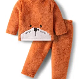 Babyhug Fur Woven Full Sleeves Winter Wear Suit Set with Teddy Print - Orange-picture-16