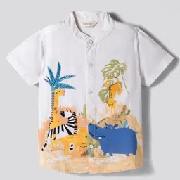 Bonfino 100% Rayon Woven Half Sleeve Jungle Print Shirt -white-picture-27
