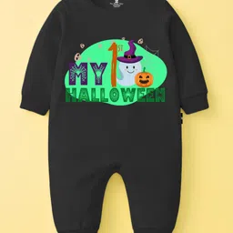 The Peppy Tend 100% Cotton Knit Halloween Theme Full Sleeves My 1st Halloween Text Printed Romper - Black-picture-21