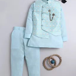 BT DEZINES Cotton Silk Woven Full Sleeves Solid Kurta Pyjama With Floral Embroidered Jacket Set - Sky Blue-picture-21