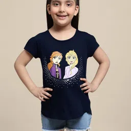 Kidsville Pack Of 2 Half Sleeves Disney Princess Anna Elsa Ariel Theme Printed Tees - Peach Navy Blue image 3