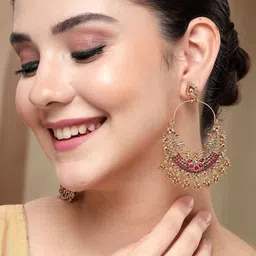 KARATCART Gold-Plated Artificial Stones Studded Crescent Shaped Half Hoop Earrings image 2