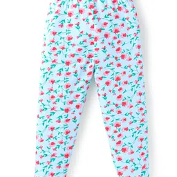 Babyhug Knit Full Length Floral Printed Leggings Pack of 2 - Light Blue & Dark Pink image 3