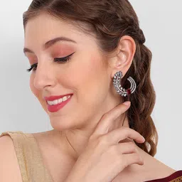 Manuvi Jewels Rhodium-Plated American Diamond Studded Oxidised Contemporary Studs Earrings image 1