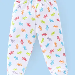 Babyhug Cotton Full Length Bootie Leggings Car Print Pack of 3 - Green White & Red image 4