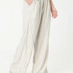 R&B Beige Viscose Striped Relaxed Fit Mid Rise Trousers image 4