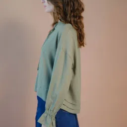 VIRGIO Green Linen Blend Solid Long Sleeves Top image 5
