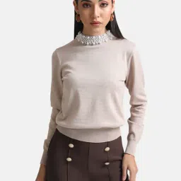 Kazo Beige Cotton Embellished Pullover-image-22
